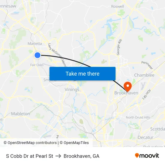 S Cobb Dr at Pearl St to Brookhaven, GA map