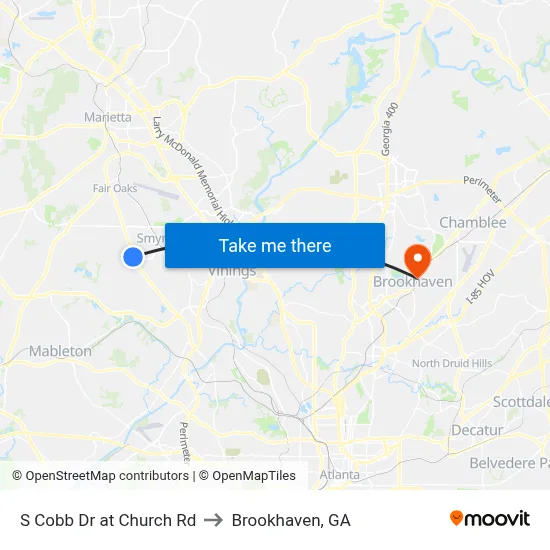 S Cobb Dr at Church Rd to Brookhaven, GA map