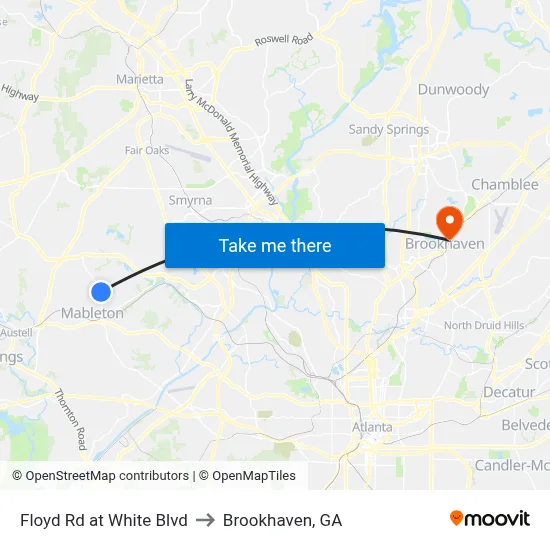 Floyd Rd at White Blvd to Brookhaven, GA map
