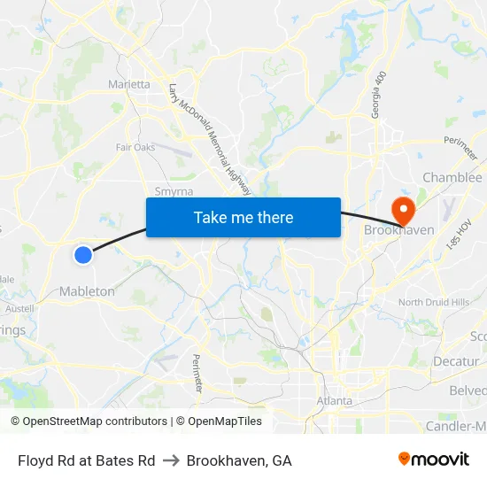 Floyd Rd at Bates Rd to Brookhaven, GA map