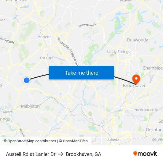 Austell Rd at Lanier Dr to Brookhaven, GA map