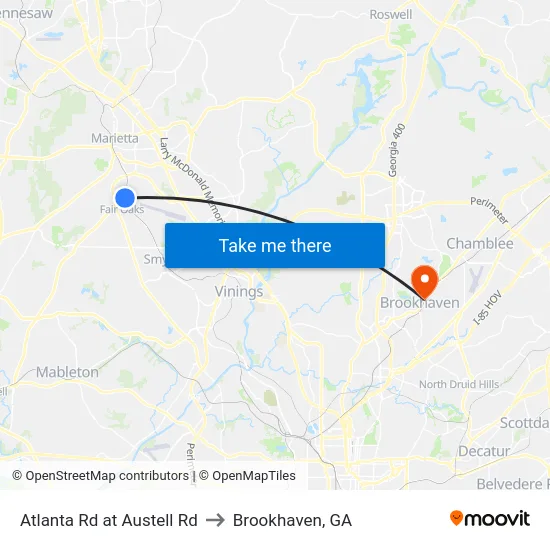 Atlanta Rd at Austell Rd to Brookhaven, GA map