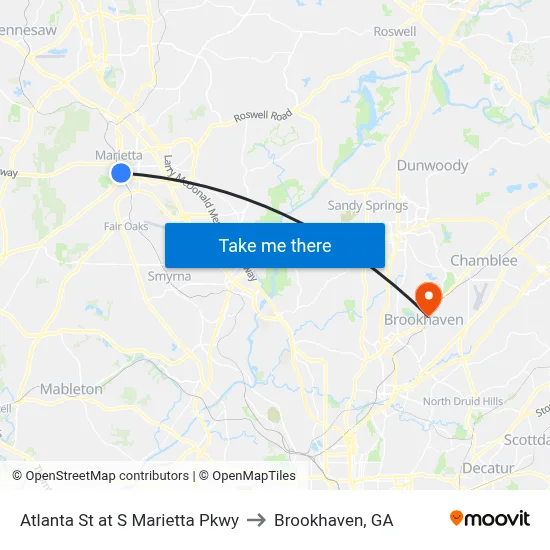 Atlanta St at S Marietta Pkwy to Brookhaven, GA map