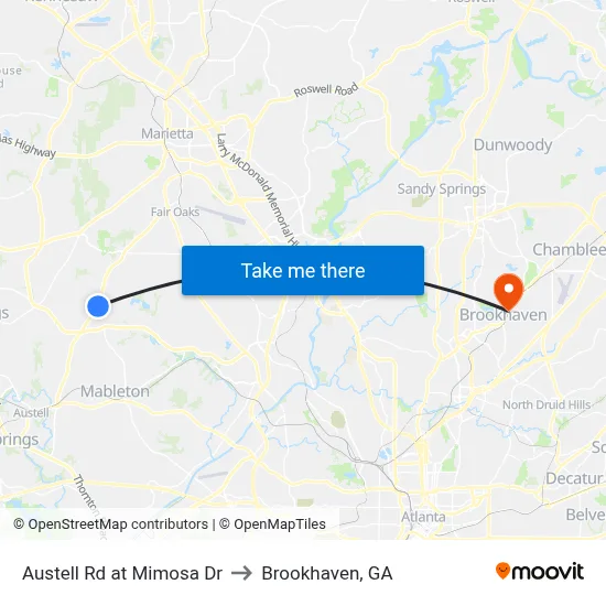 Austell Rd at Mimosa Dr to Brookhaven, GA map