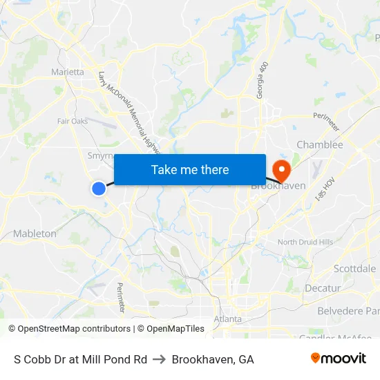 S Cobb Dr at Mill Pond Rd to Brookhaven, GA map
