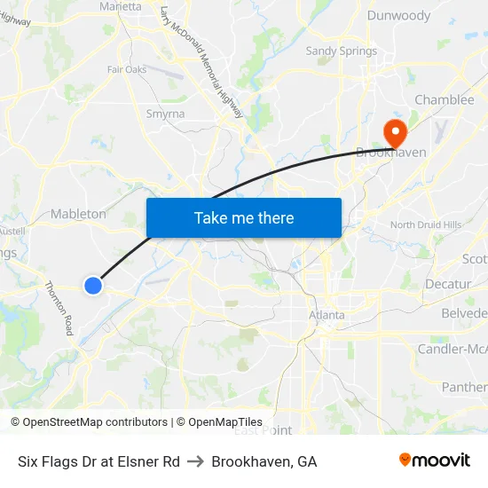 Six Flags Dr at Elsner Rd to Brookhaven, GA map