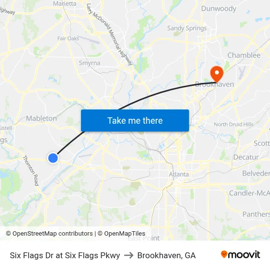 Six Flags Dr at Six Flags Pkwy to Brookhaven, GA map