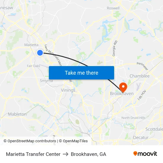 Marietta Transfer Center to Brookhaven, GA map