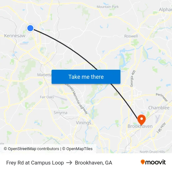 Frey Rd at Campus Loop to Brookhaven, GA map