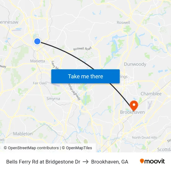 Bells Ferry Rd at Bridgestone Dr to Brookhaven, GA map