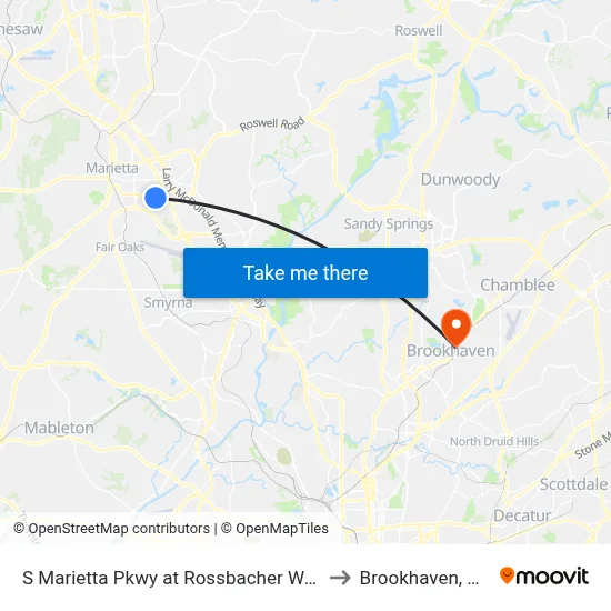 S Marietta Pkwy at Rossbacher Way to Brookhaven, GA map