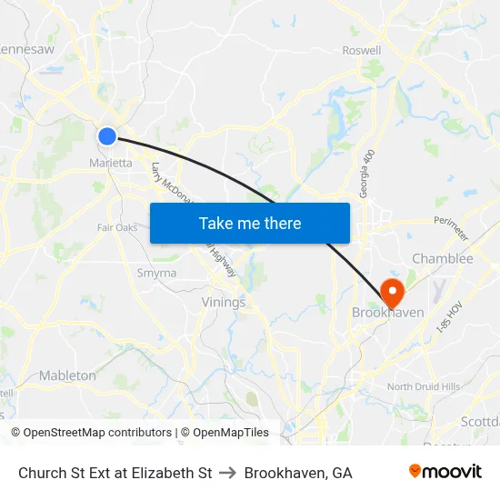 Church St Ext at Elizabeth St to Brookhaven, GA map