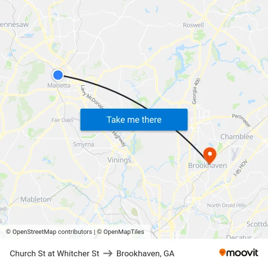 Church St at Whitcher St to Brookhaven, GA map
