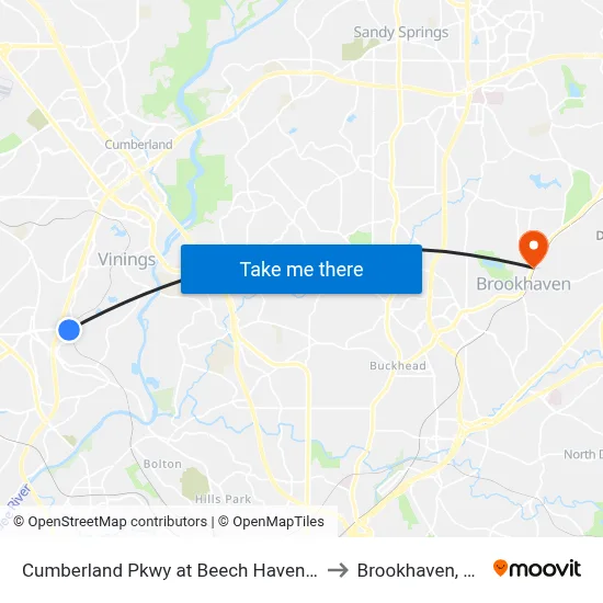 Cumberland Pkwy at Beech Haven Tr to Brookhaven, GA map