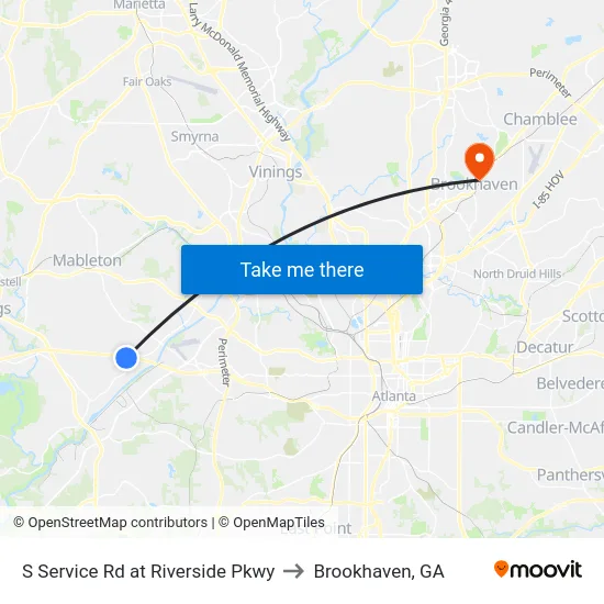 S Service Rd at Riverside Pkwy to Brookhaven, GA map