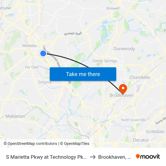 S Marietta Pkwy at Technology Pkwy to Brookhaven, GA map
