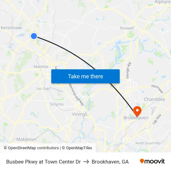 Busbee Pkwy at Town Center Dr to Brookhaven, GA map