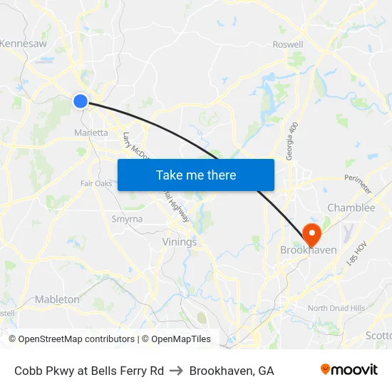 Cobb Pkwy at Bells Ferry Rd to Brookhaven, GA map