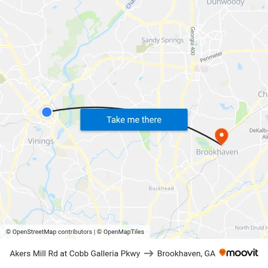 Akers Mill Rd at Cobb Galleria Pkwy to Brookhaven, GA map