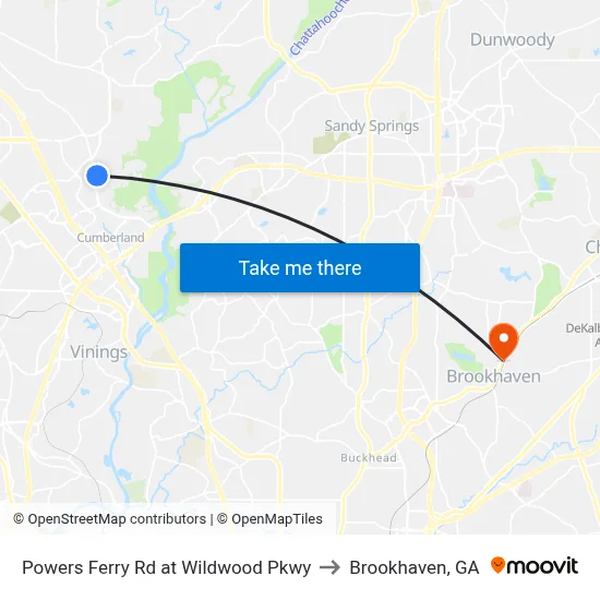 Powers Ferry Rd at Wildwood Pkwy to Brookhaven, GA map