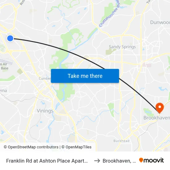Franklin Rd at Ashton Place Apartments to Brookhaven, GA map