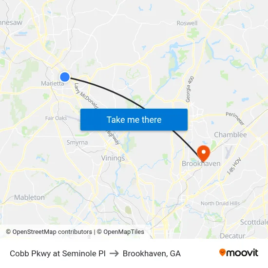 Cobb Pkwy at Seminole Pl to Brookhaven, GA map