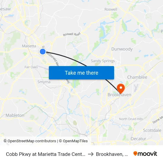 Cobb Pkwy at Marietta Trade Center to Brookhaven, GA map