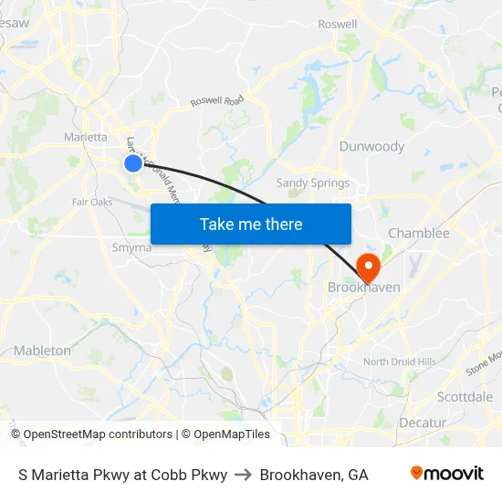 S Marietta Pkwy at Cobb Pkwy to Brookhaven, GA map