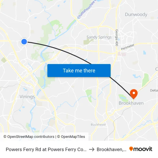 Powers Ferry Rd at Powers Ferry Common to Brookhaven, GA map