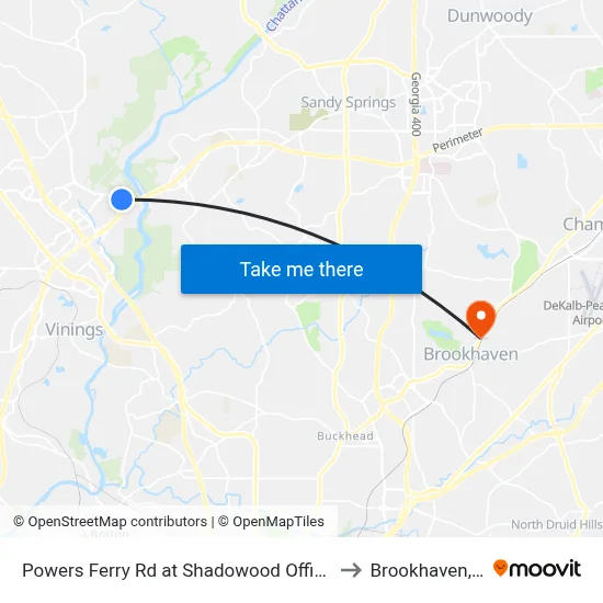 Powers Ferry Rd at Shadowood Office Park to Brookhaven, GA map