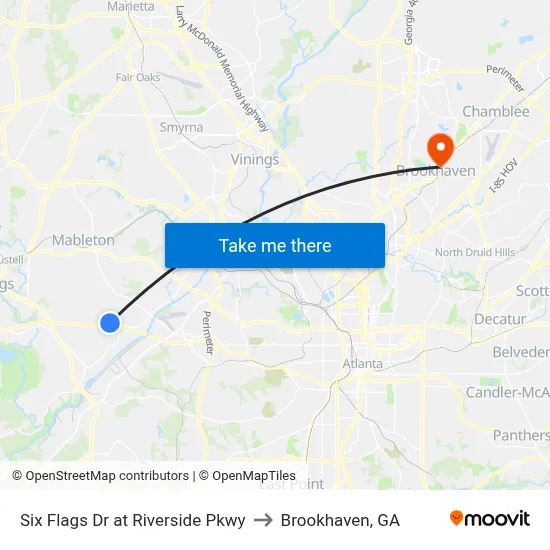 Six Flags Dr at Riverside Pkwy to Brookhaven, GA map