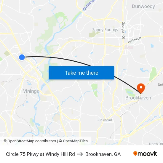 Circle 75 Pkwy at Windy Hill Rd to Brookhaven, GA map
