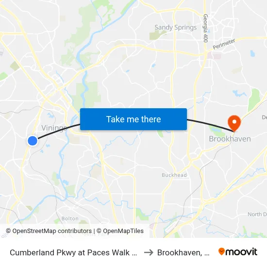 Cumberland Pkwy at Paces Walk SE to Brookhaven, GA map