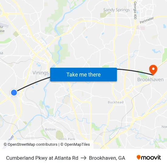 Cumberland Pkwy at Atlanta Rd to Brookhaven, GA map