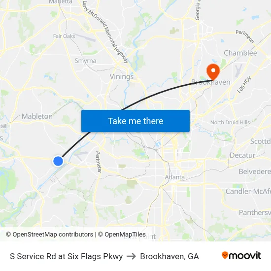 S Service Rd at Six Flags Pkwy to Brookhaven, GA map