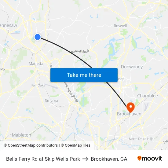 Bells Ferry Rd at Skip Wells Park to Brookhaven, GA map