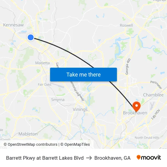 Barrett Pkwy at Barrett Lakes Blvd to Brookhaven, GA map