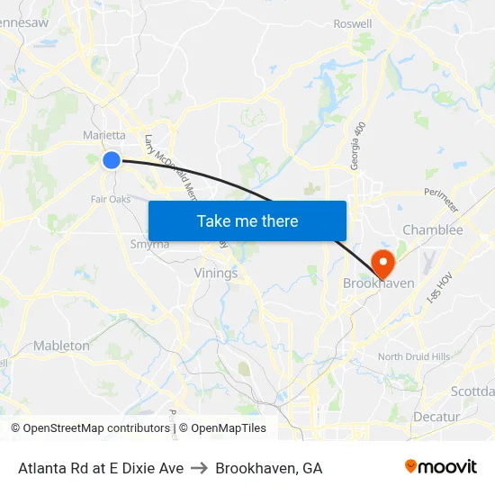 Atlanta Rd at E Dixie Ave to Brookhaven, GA map