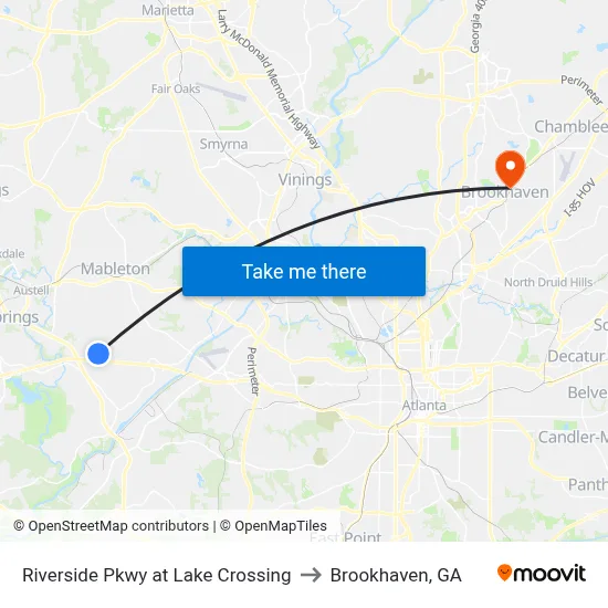 Riverside Pkwy at Lake Crossing to Brookhaven, GA map