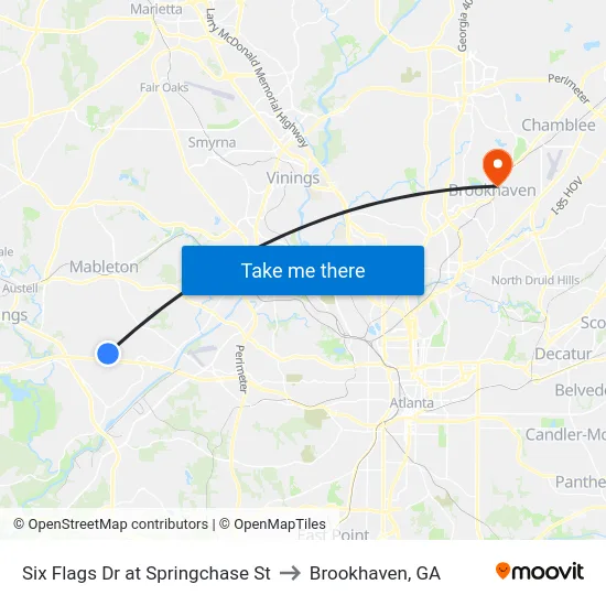 Six Flags Dr at Springchase St to Brookhaven, GA map