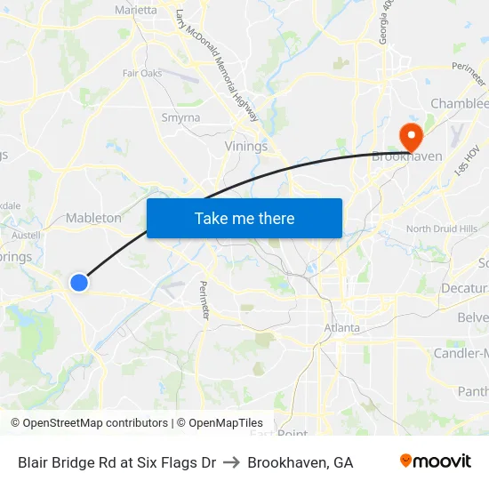Blair Bridge Rd at Six Flags Dr to Brookhaven, GA map