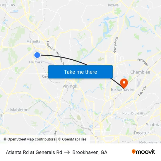 Atlanta Rd at Generals Rd to Brookhaven, GA map