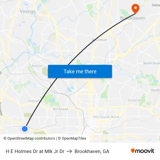 H E Holmes Dr at Mlk Jr Dr to Brookhaven, GA map