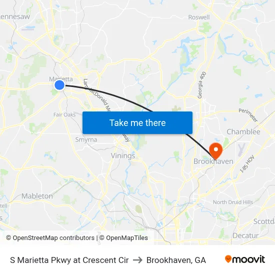 S Marietta Pkwy at Crescent Cir to Brookhaven, GA map