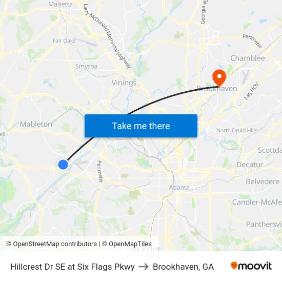 Hillcrest Dr SE at Six Flags Pkwy to Brookhaven, GA map