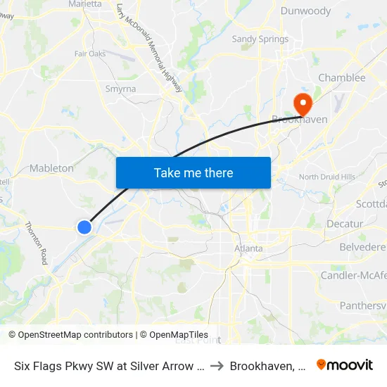 Six Flags Pkwy SW at Silver Arrow Cir to Brookhaven, GA map