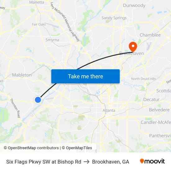 Six Flags Pkwy SW at Bishop Rd to Brookhaven, GA map