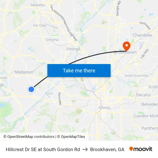 Hillcrest Dr SE at South Gordon Rd to Brookhaven, GA map