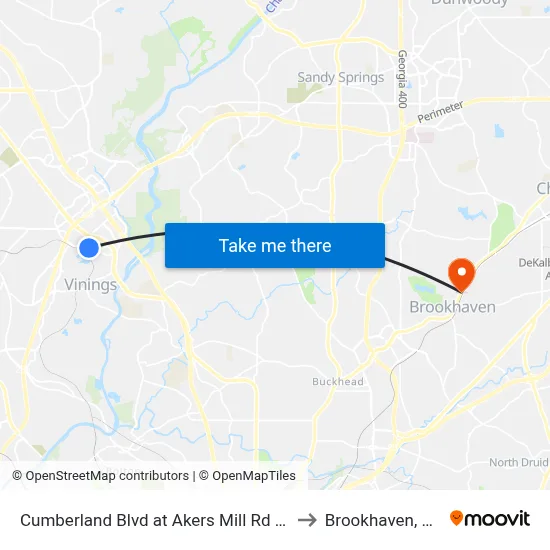Cumberland Blvd at Akers Mill Rd SE to Brookhaven, GA map