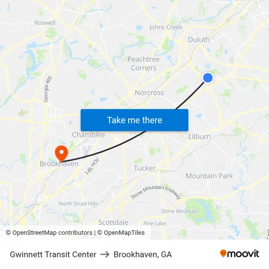 Gwinnett Transit Center to Brookhaven, GA map